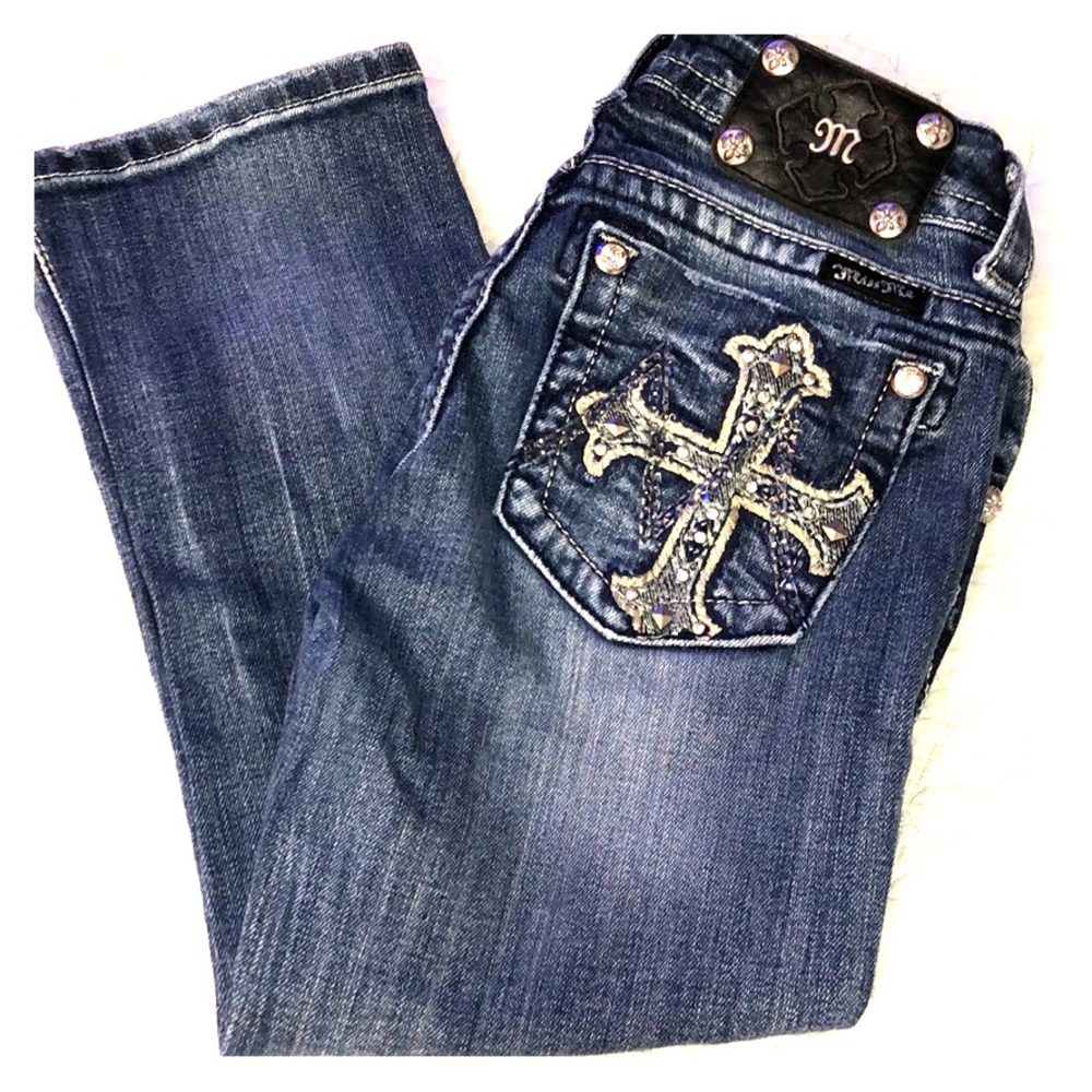 Miss Me Blue Cropped Jeans with Silver Embellishments